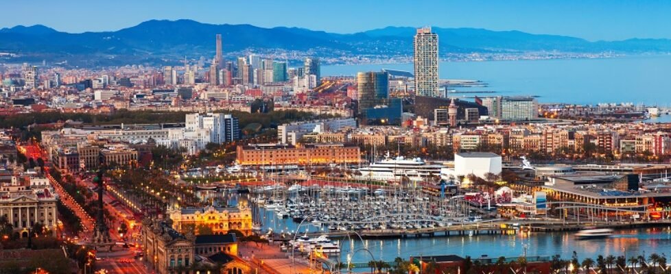 Port Vell during sunset from Montjuic