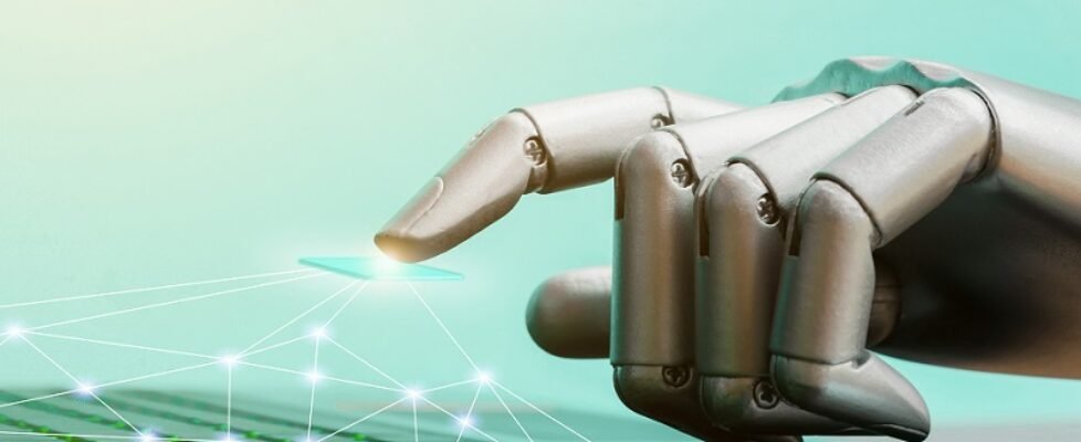 Robot concept or robot hand chatbot pressing computer keyboard enter