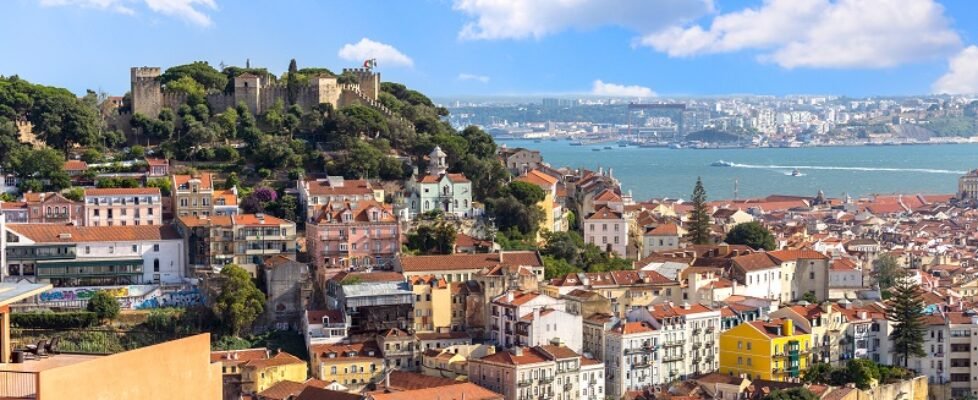 View of lisbon cityscape and saint Jorge castle skyline in sunny day ,Portugal