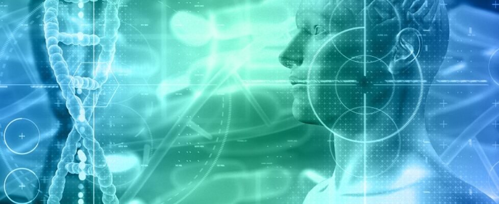 3D medical background with male figure with brain and DNA strand