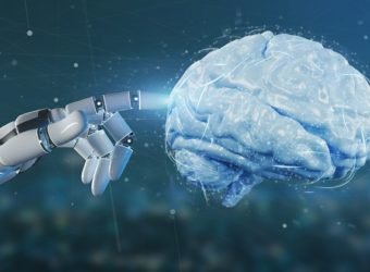 Cyborg hand holding a artificial brain 3d rendering