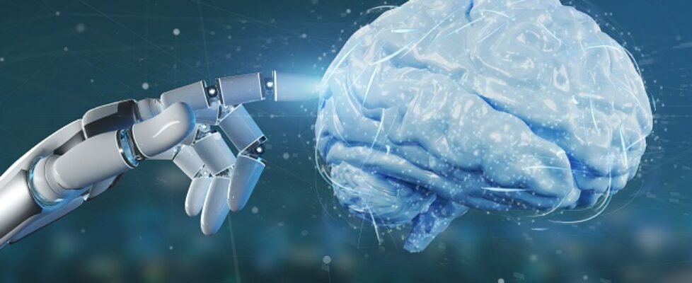 Cyborg hand holding a artificial brain 3d rendering