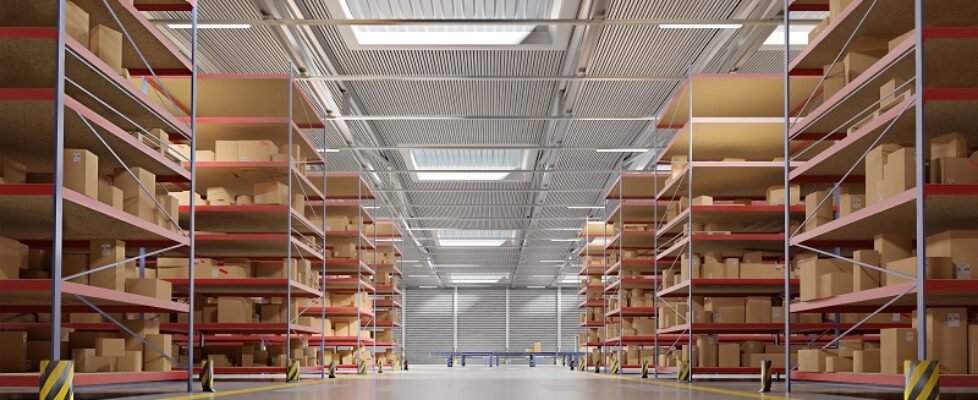 Warehouse goods stock background 3d rendering