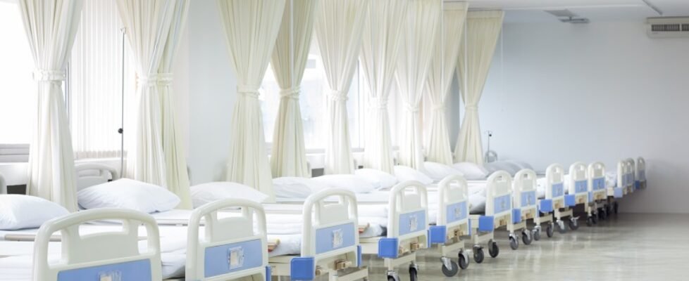 Hospital ward with beds and medical equipment, interior of new e