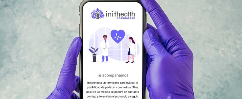 hands with blue latex gloves, holding mobile phone with blank screen