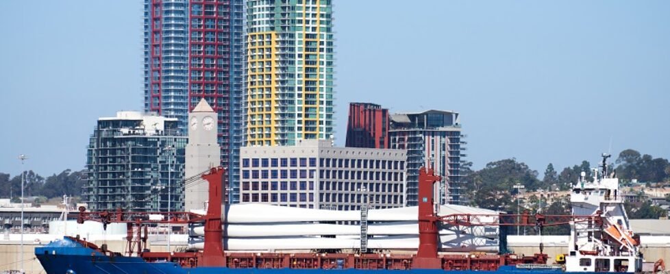 Cargo boat parked in industrial area of downtown city