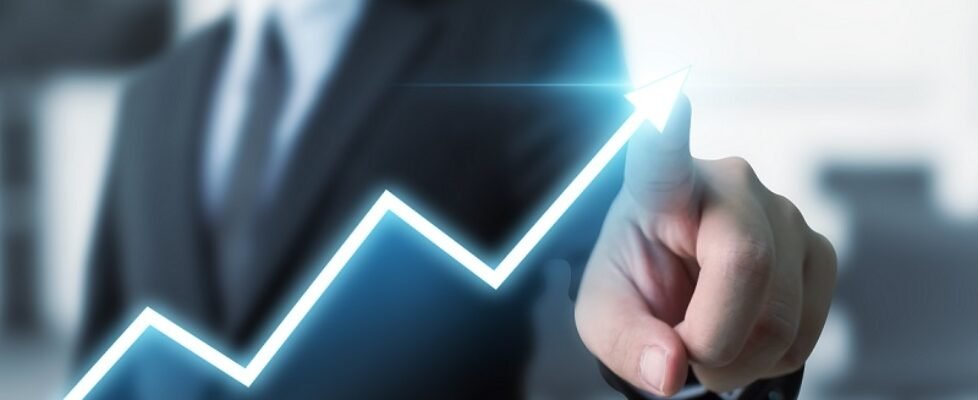 Business development to success and growing growth concept, Businessman pointing arrow graph corporate future growth plan