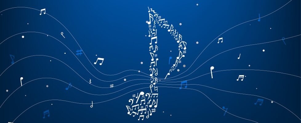 music icon shaped from key note dancing . Concept background for song and concert theme.
