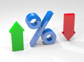 Percentage interest with arrows indicating high and low percentages isolated on white background