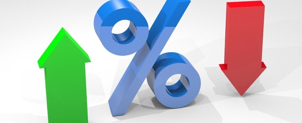 Percentage interest with arrows indicating high and low percentages isolated on white background