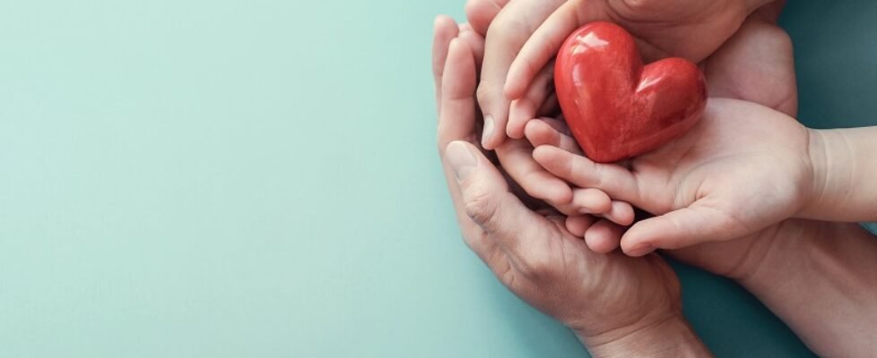 adult and child hands holding red heart on aqua background, hear