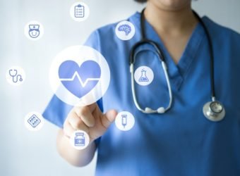 Medicine doctor & nurse working with medical icons