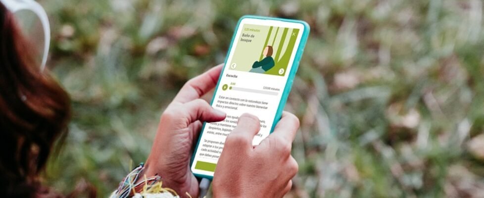 back rear view of woman relaxing in hammock and listening to music on mobile phone and headset. autumn season. camping concept