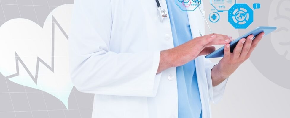 composite image of doctor using digital tablet