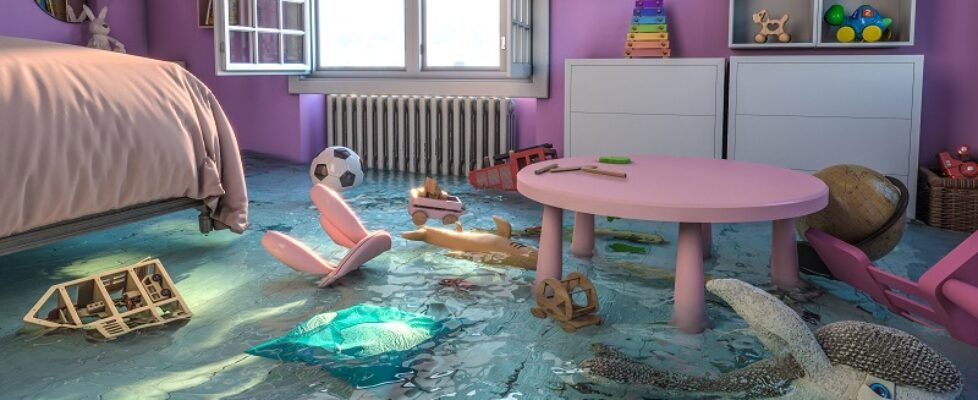 home interior, bedroom with flooded toys