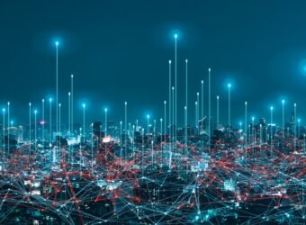 network digital hologram and internet of things on city backgrou