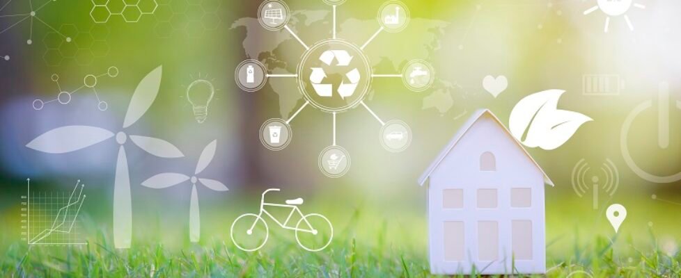 Small white house on green background with ecological conservation icons, ecological development technology concept