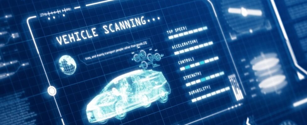 HUD driving car speed user interface computer screen display with pixels background. Blue abstract digital transformation hologram holographic technology concept. Sci-fi. 3D illustration rendering