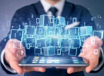 Businessman holding a Cloud of blockchain cube and binary data 3d rendering