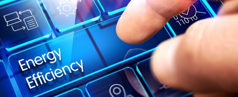 Energy Efficiency - Inscription on the Blue Keyboard Transparent Key. 3D.