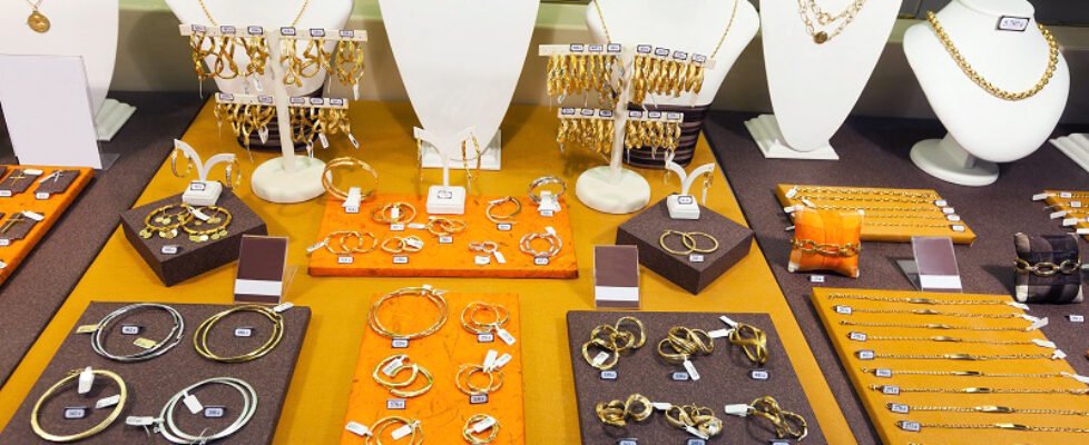 golden jewelry in store window