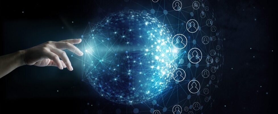 Businessman touching global network and data customer connection