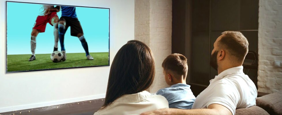 A photo from behind of a family which is watching a movie on a w