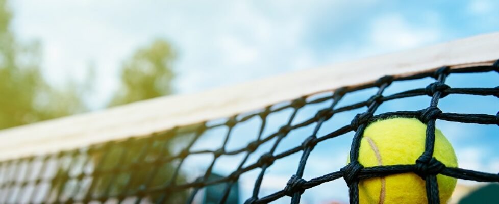 Close-up view of tennis ball in net