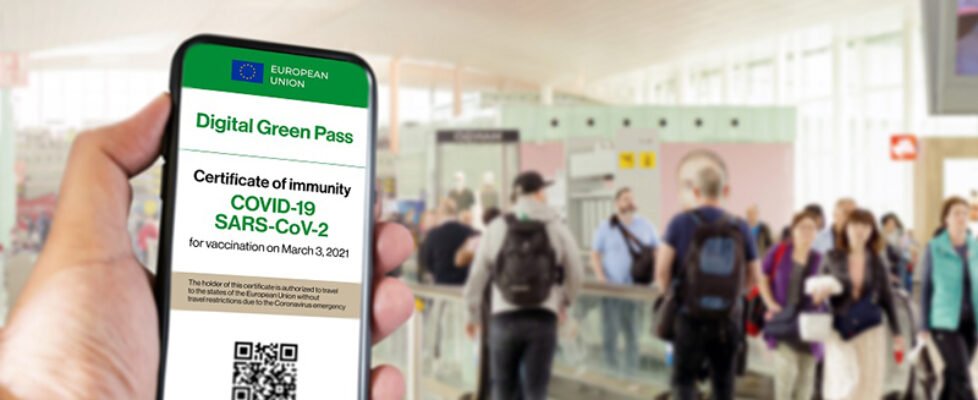 The digital green pass of the european union with the QR code on