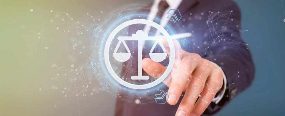 Man holding a Technology justice icon on a circle 3d rendering