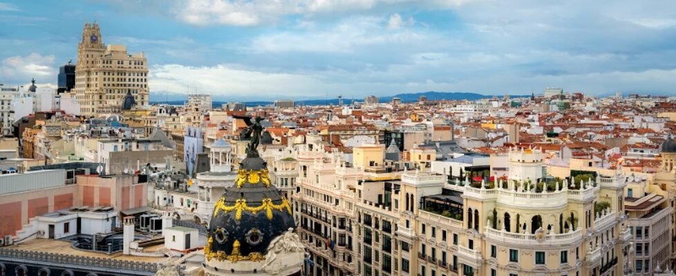 Madrid panoramic aerial view of Gran Via, main shopping street i