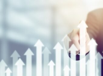 Business development to success and growing growth concept. Businessman pointing arrow graph corporate future growth plan