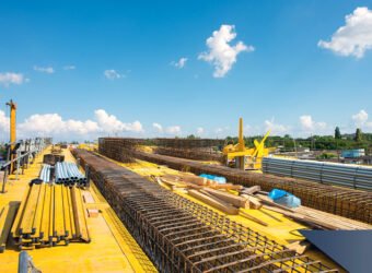 Road bridge construction site during assembly of formwork and reinforcement