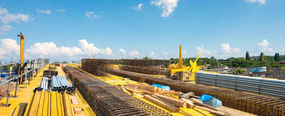 Road bridge construction site during assembly of formwork and reinforcement