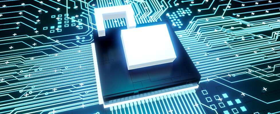 Open padlock symbol microchip on motherboard circuit inside hack