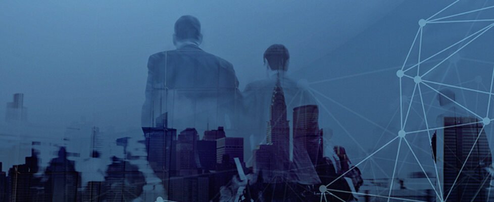 Business people in blue background