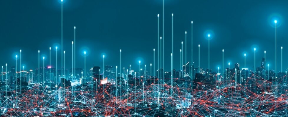 network digital hologram and internet of things on city backgrou