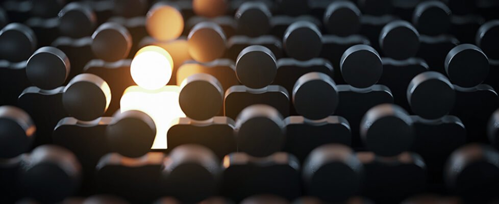 Be Standout 3D Concept, One Man Glowing Among Other People in Dark Condition