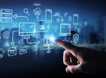 Businessman using tech devices and icons thin line interface