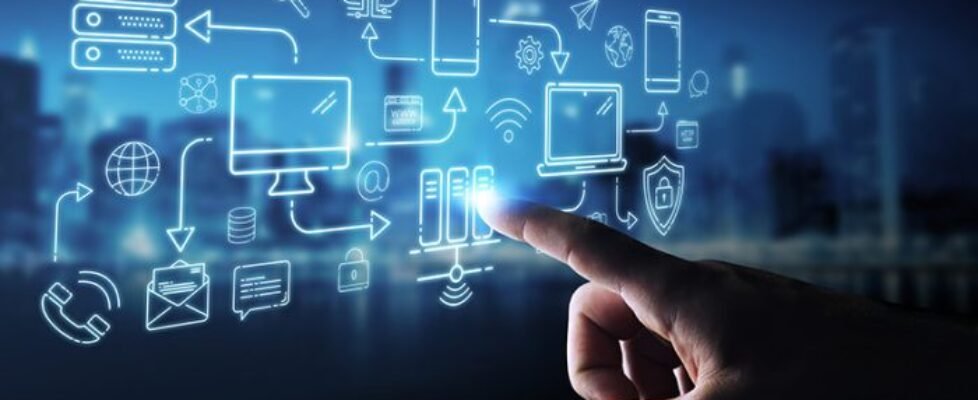 Businessman using tech devices and icons thin line interface