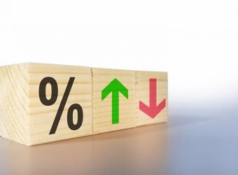 The percentage interest rate goes up or down on a light gray bac