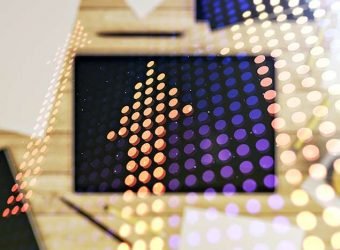 Creative abstract upward arrows hologram and modern digital tablet on desktop on background, top view, leadership and motivation concept. Multiexposure