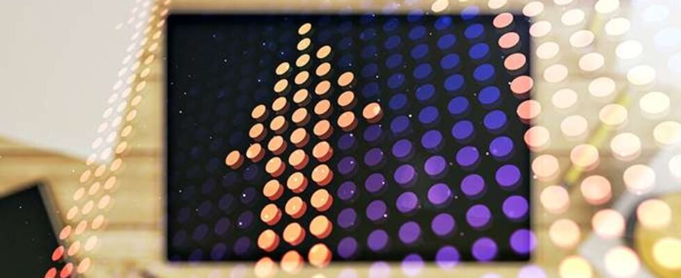 Creative abstract upward arrows hologram and modern digital tablet on desktop on background, top view, leadership and motivation concept. Multiexposure