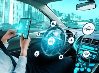 Driverless car interior with futuristic dashboard for autonomous