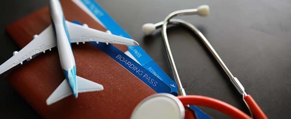 Passenger air insurance concept. Airplane, passport, boarding pa