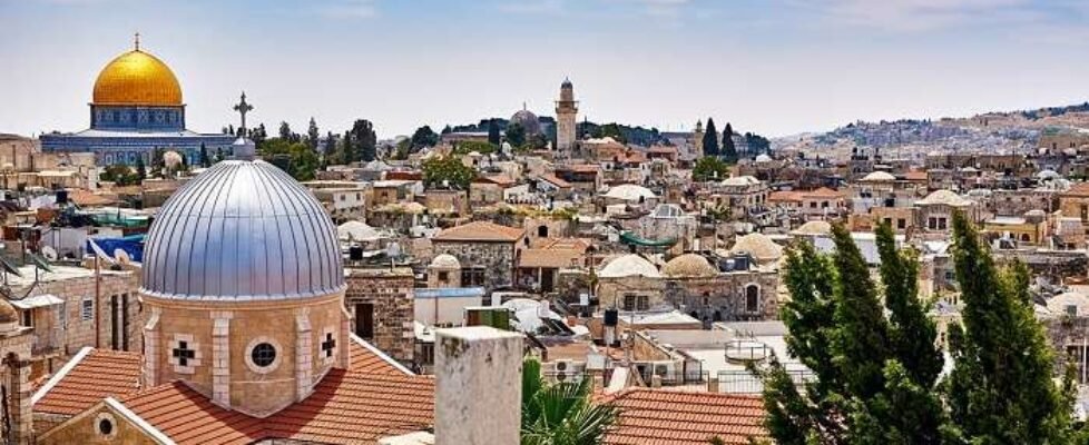 Jerusalem panoramic roof view to christians, jewish and muslims sacred places