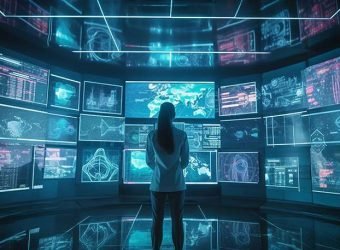 Young adult businessman holding a holographic chart generated by AI