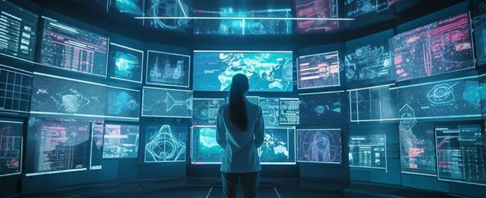 Young adult businessman holding a holographic chart generated by AI