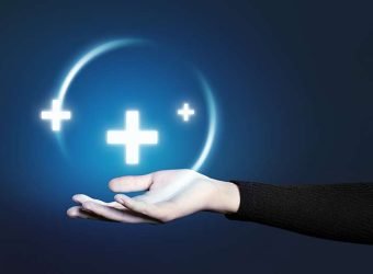 Hand gesture presenting medical tech hologram