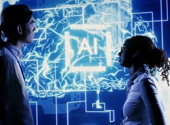 Workers using AI computing simulation